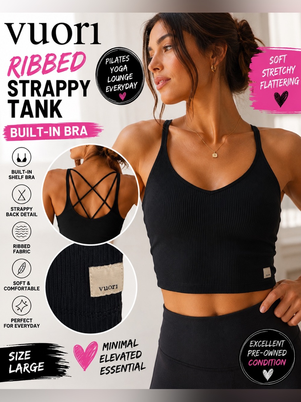 Vuori Ribbed Strappy Shelf Bra Tank Black Size Large Built-In Bra